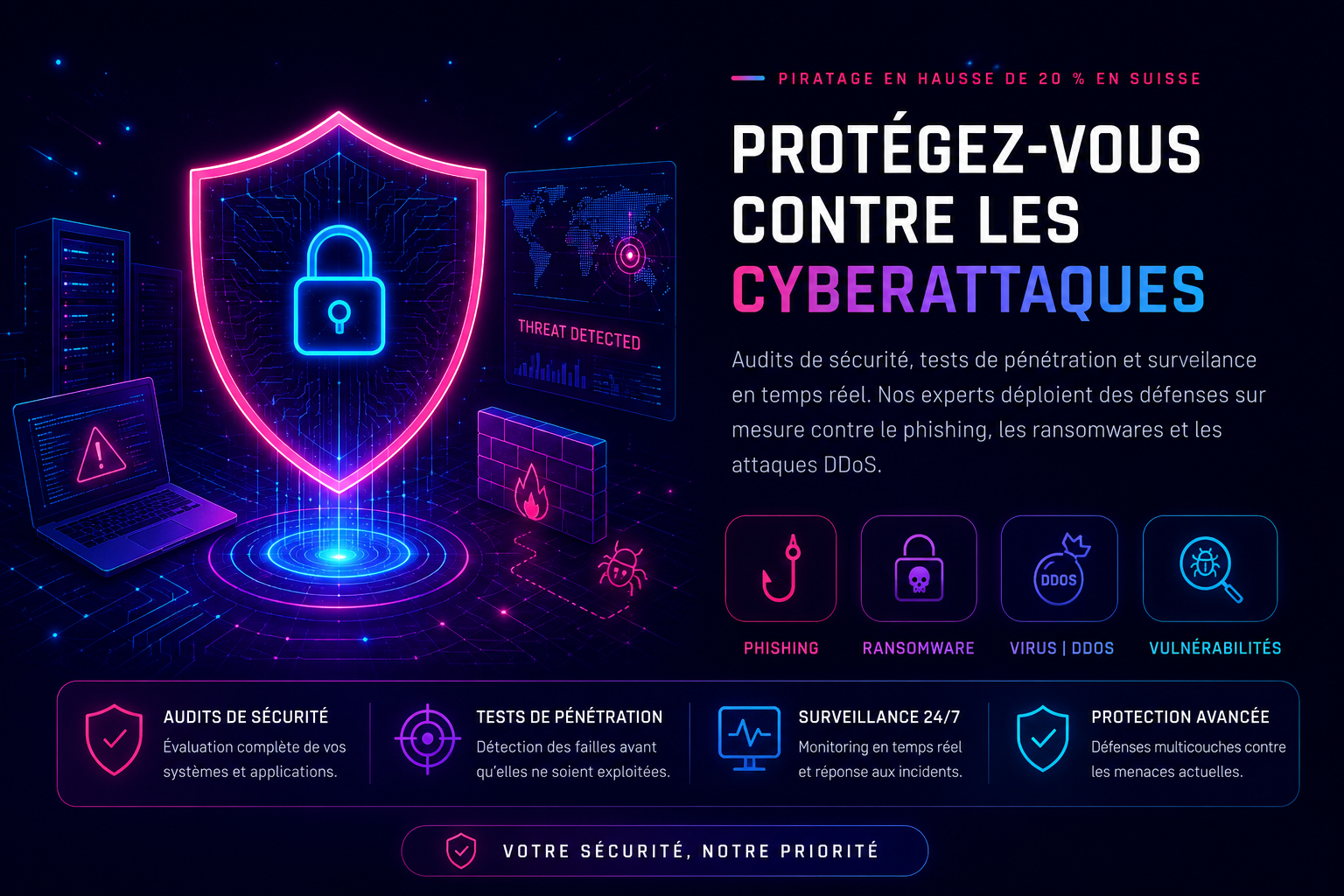 Cliquer pour agrandir Protection contre les cyberattaques à Genève : bouclier de cybersécurité, défense contre phishing et ransomware
